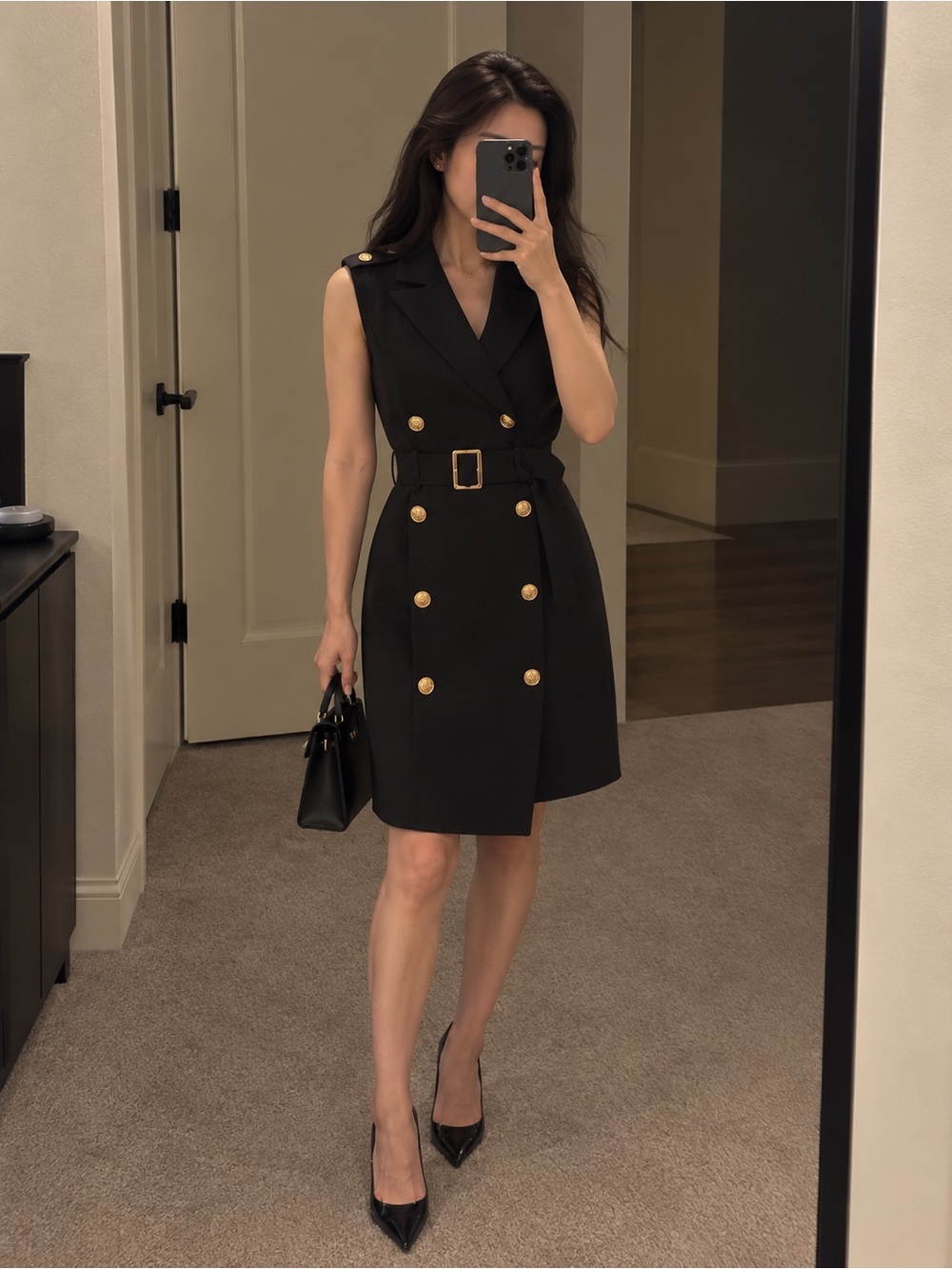 Sleeveless Double-Breasted Black Belted Dress